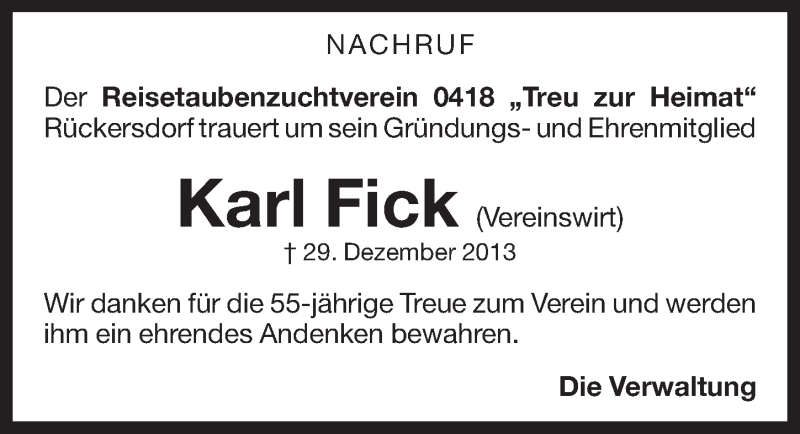  Traueranzeige für Karl Fick vom 11.01.2014 aus Pegnitz-Zeitung